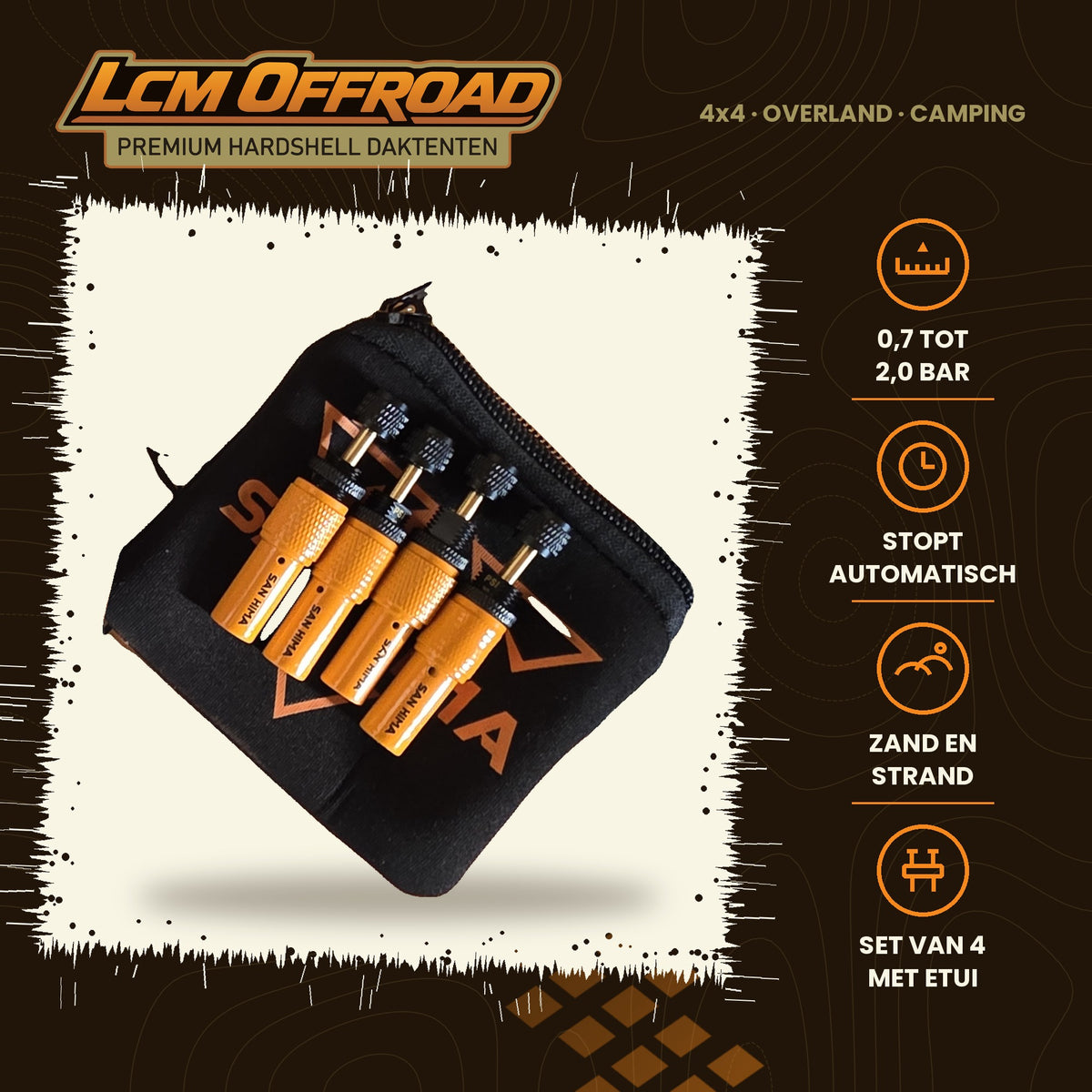 SAN HIMA Tire Deflators, set of four automatic tyre deflators in a pouch, main photo with key specifications