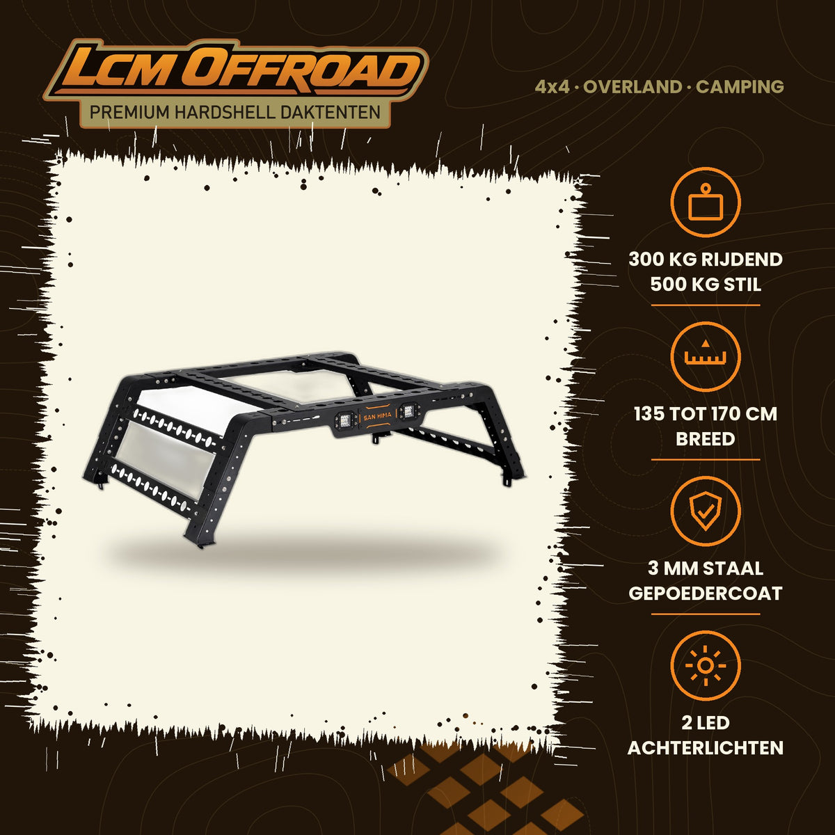 SAN HIMA universal bed rack 500 kg for pick-up, steel bed rack for a rooftop tent, main photo with key specifications