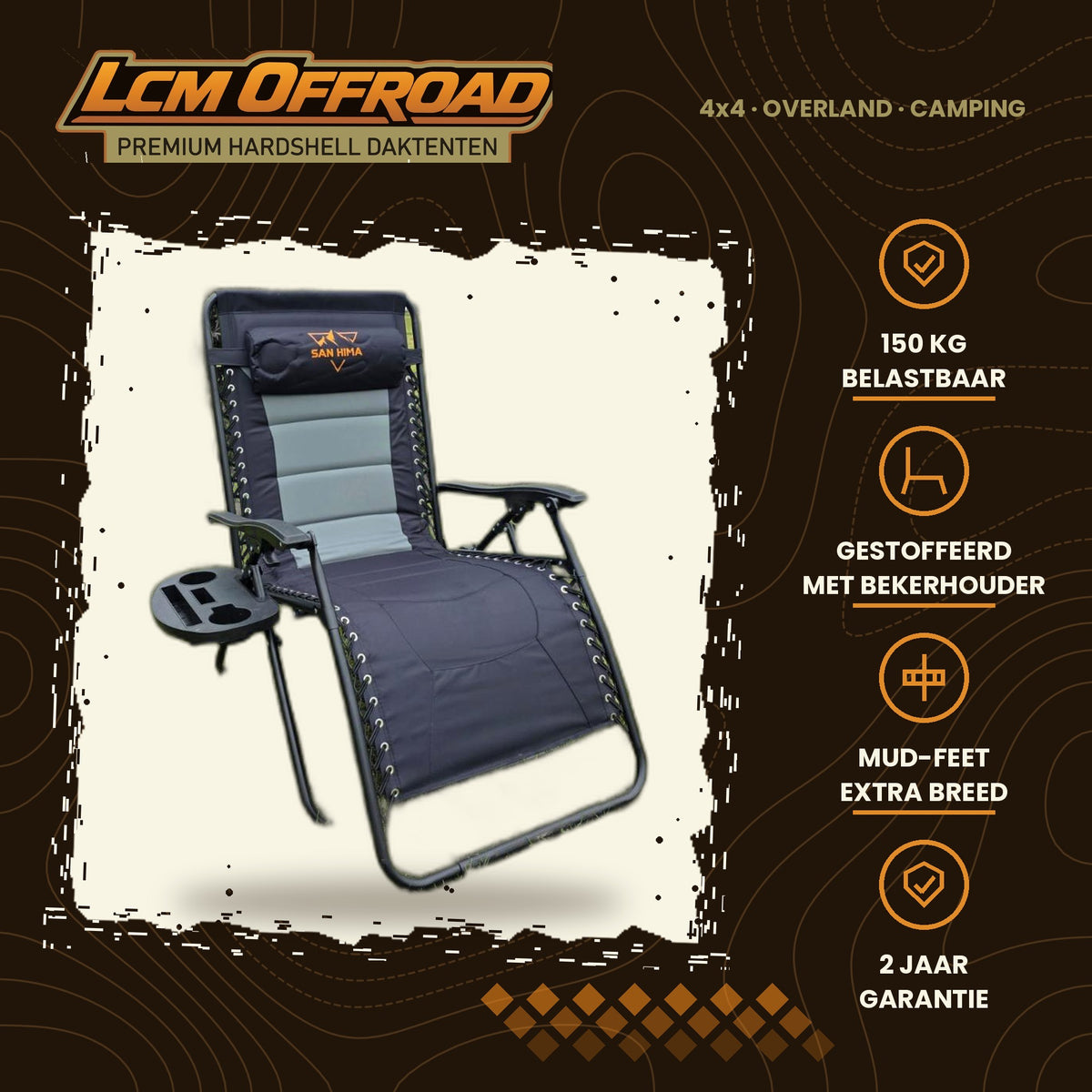 LCM Offroad luxury folding camping chair with cup holder, rated to 150 kg, main photo with key features
