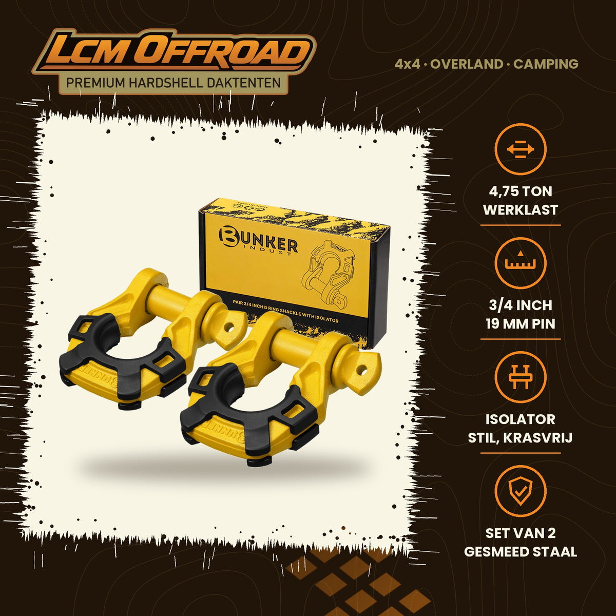 BUNKER INDUST D-ring shackles 3/4 inch with isolator, yellow, set of two, main photo with key specifications