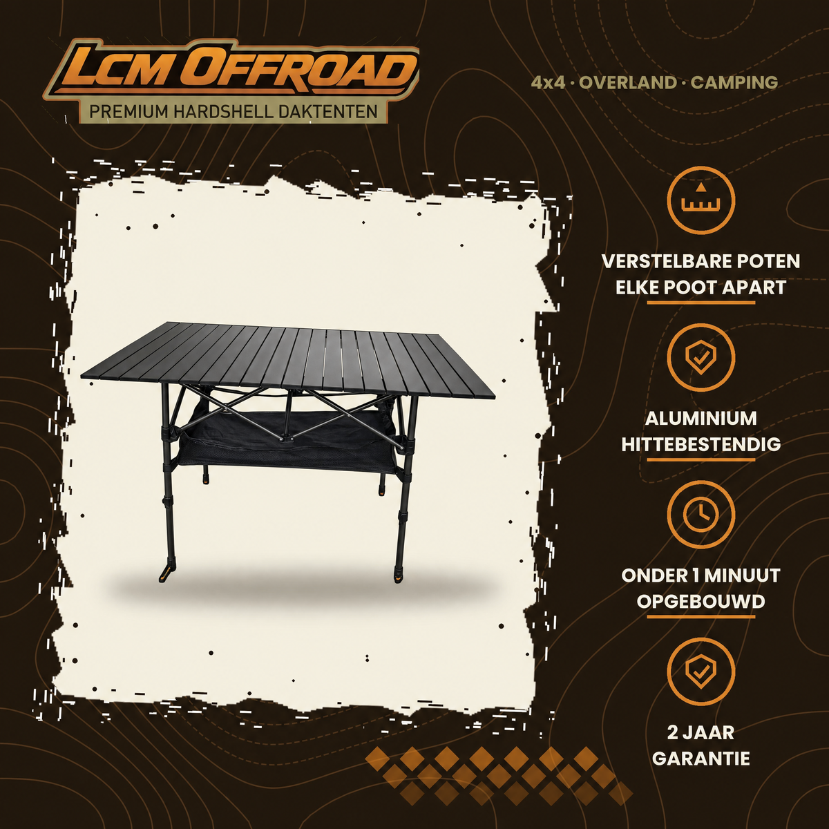 LCM Offroad opvouwbare aluminium campingtafel, hoofdfoto met kernwaarden