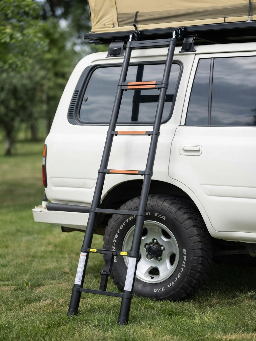 Telescopic ladder with anti-slip steps on the LCM Offroad Savannah hardshell rooftop tent on a Toyota Land Cruiser