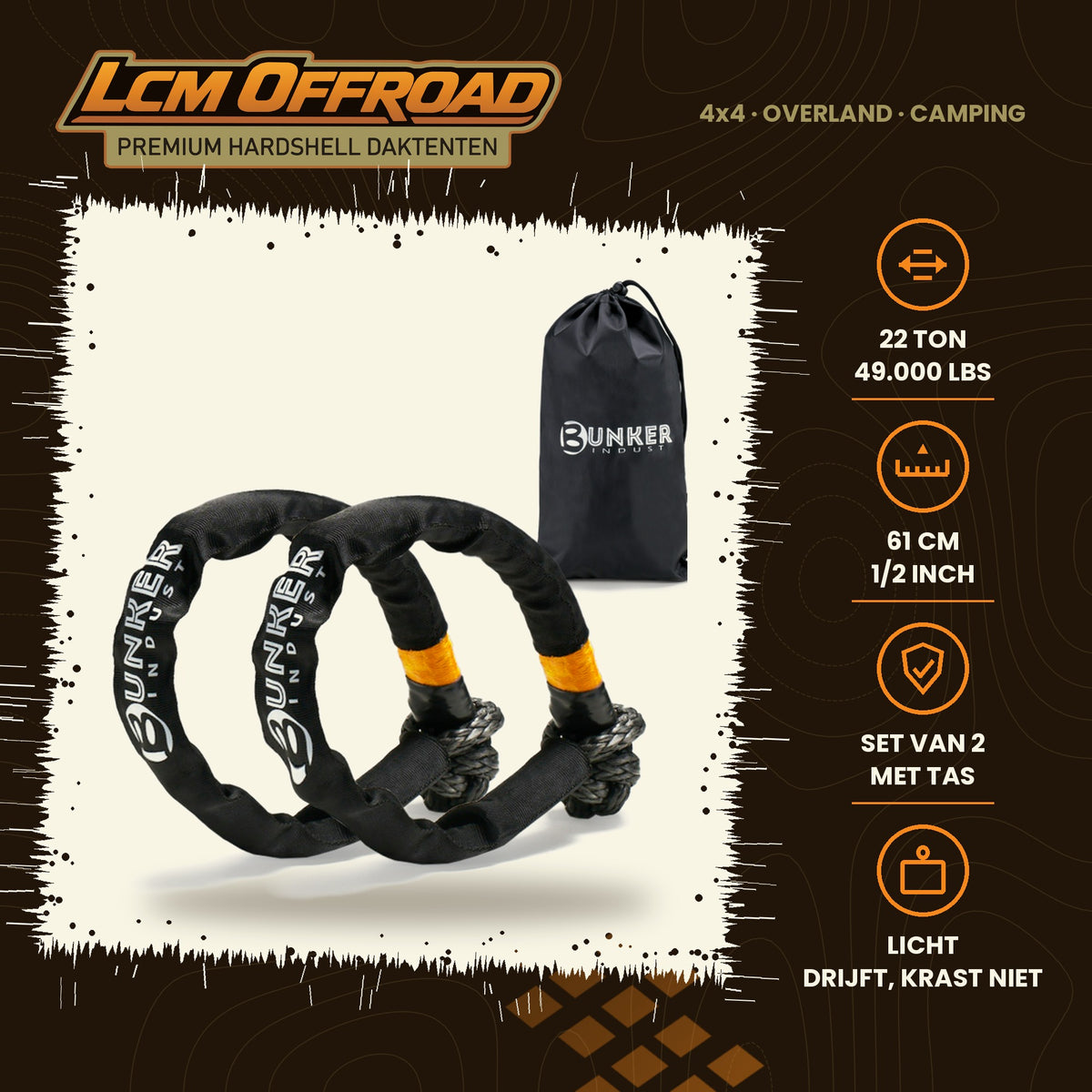 BUNKER INDUST soft shackles 49,000 lbs, set of two black synthetic shackles, main photo with key specifications