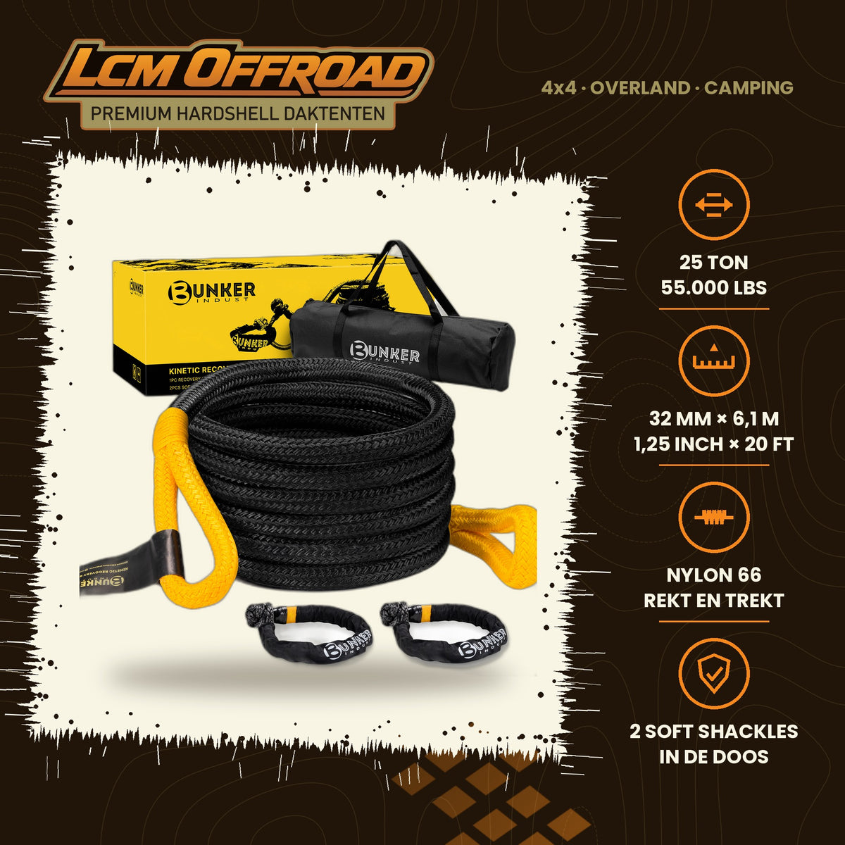 BUNKER INDUST kinetic recovery rope 1.25 inch, 6.1 m, 25 tonne breaking strength, with two soft shackles and bag