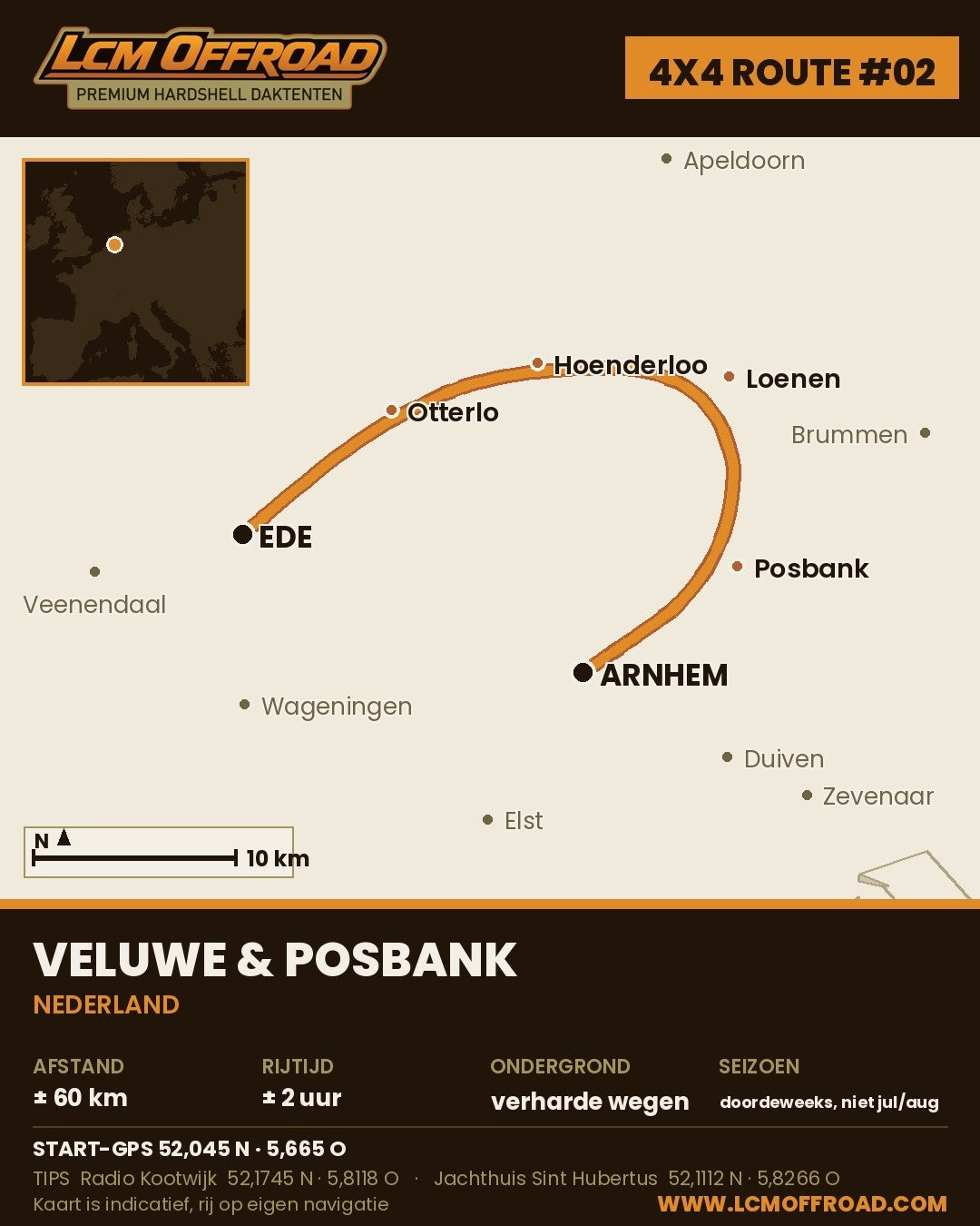 Routekaart 4x4 route Veluwe en Posbank: van Ede via Otterlo en Hoenderloo naar Arnhem