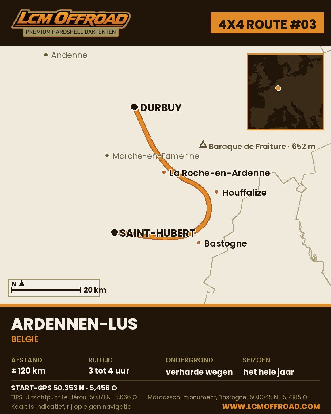 Route map 4x4 route Ardennes: loop from Durbuy via La Roche and Bastogne to Saint-Hubert