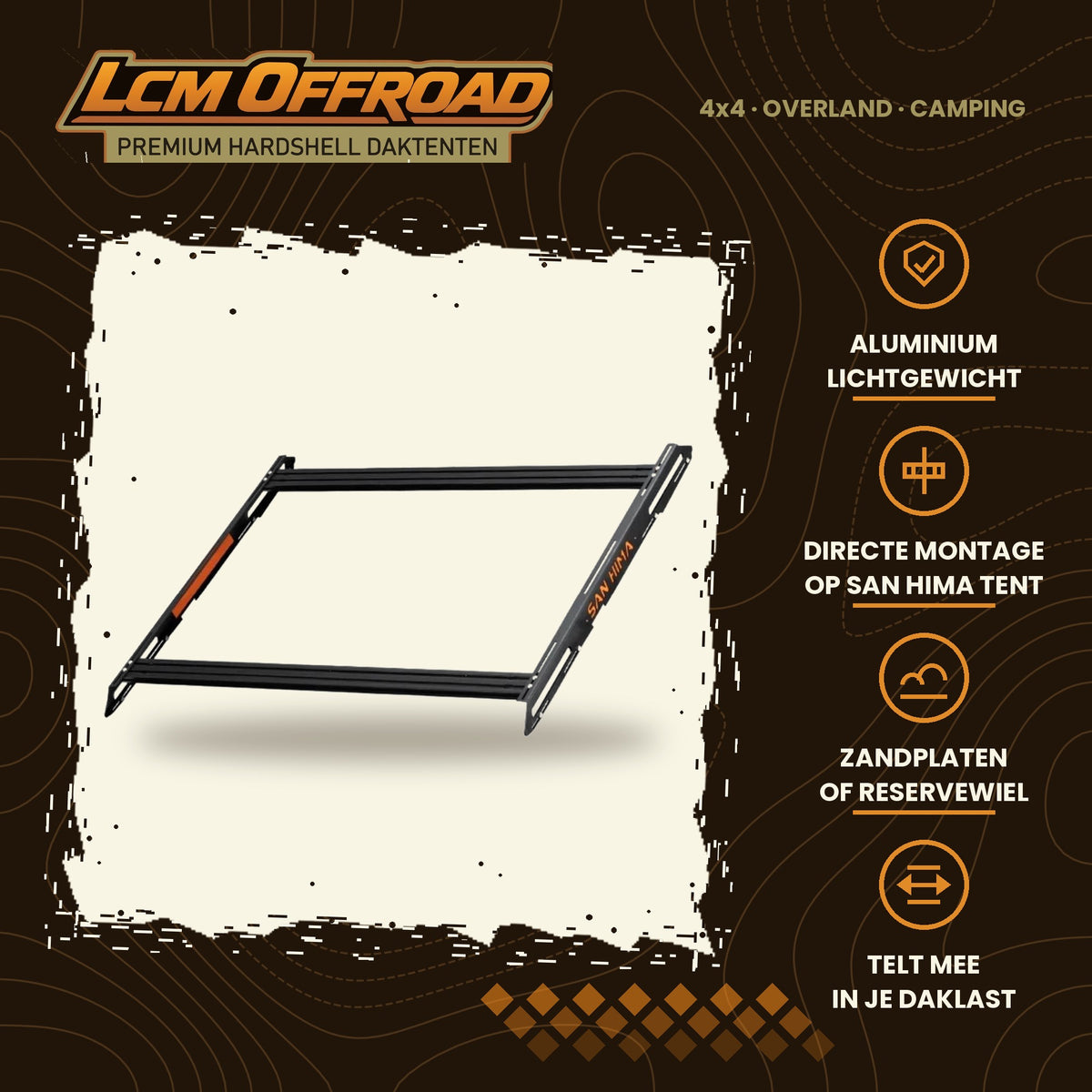 LCM Offroad heavy duty cargo bar, aluminium bar for mounting on the rooftop tent, main photo with key features