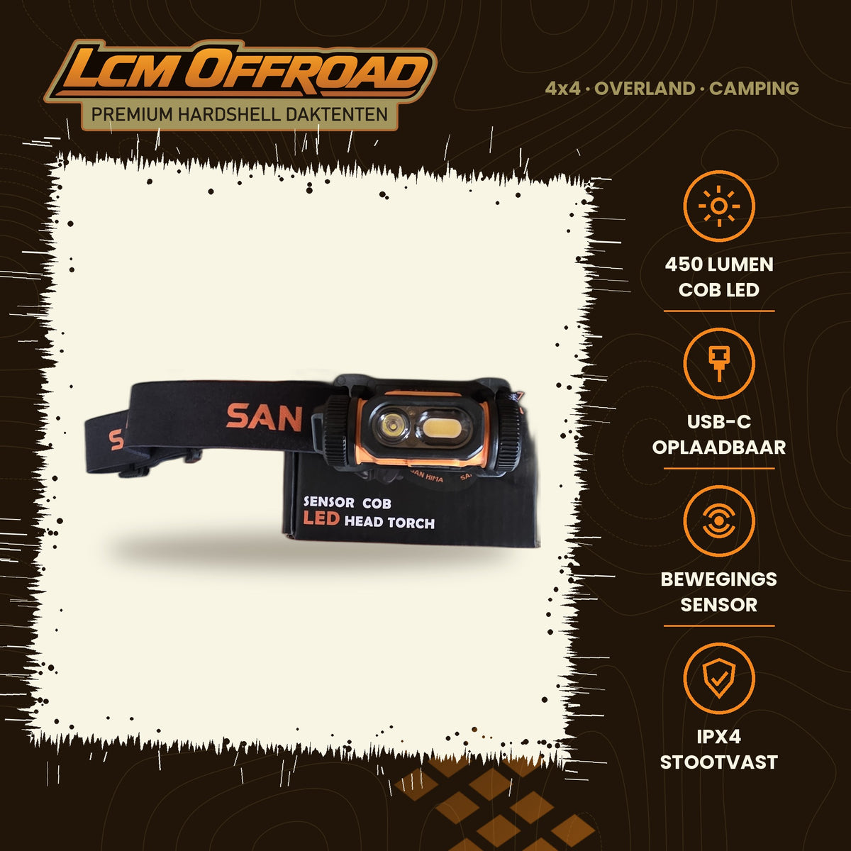 SAN HIMA head torch 450 lumen with USB-C and motion sensor, main photo with key specifications