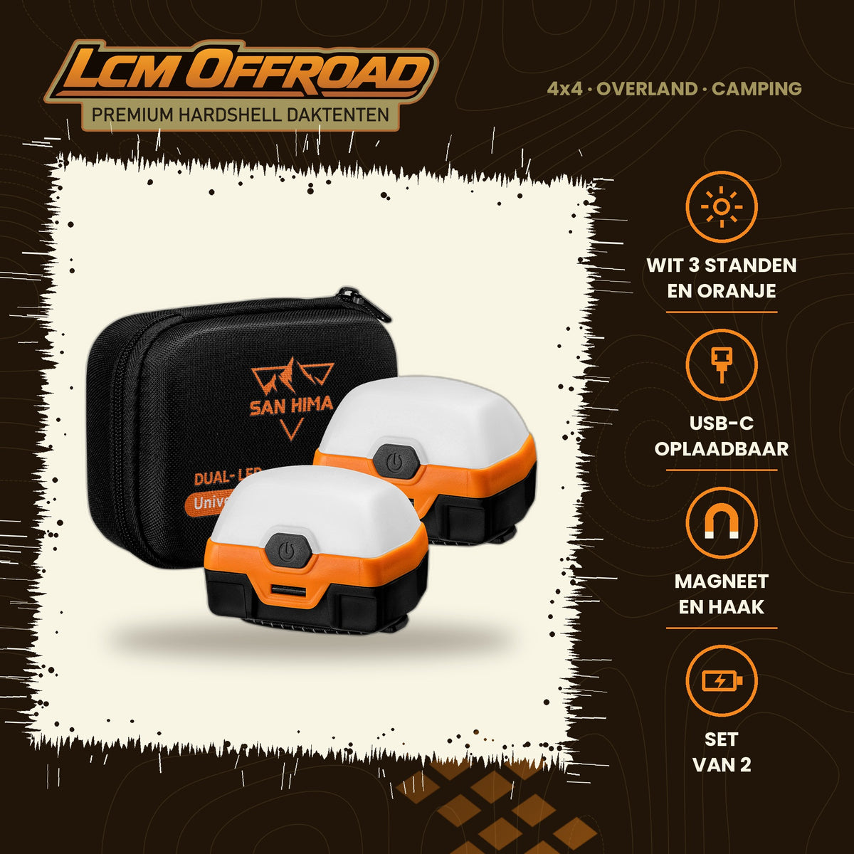 SAN HIMA camping lantern 2x LED, set of two orange rechargeable lanterns with magnet, main photo with key specifications