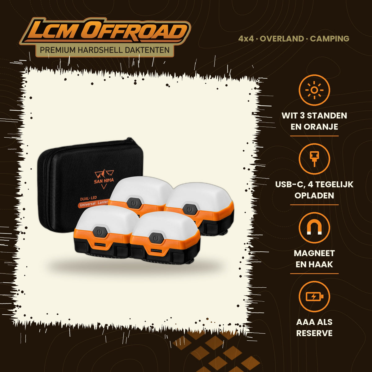 SAN HIMA camping lantern 4x LED, set of four rechargeable lanterns in a case, IP66, main photo with key specifications