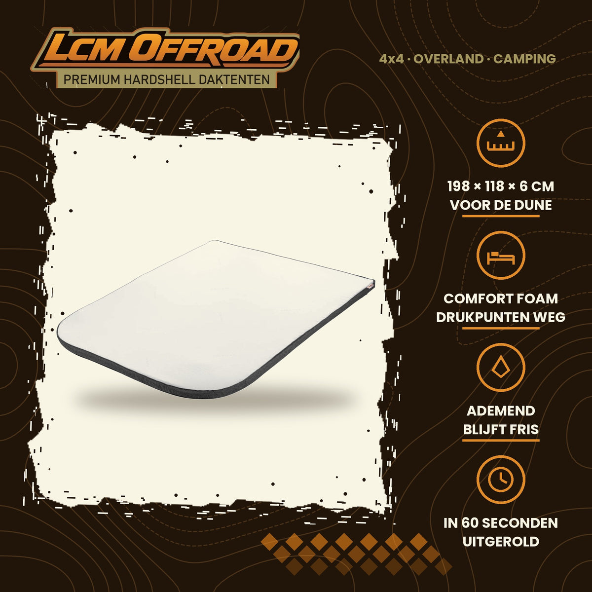 LCM Offroad mattress topper for the Dune, 198 × 118 × 6 cm, main photo with key features